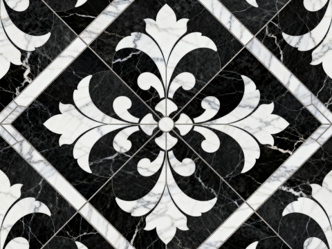 轻奢 黑白石材拼花 几何水刀石材拼花地砖 石材马赛克 花砖
