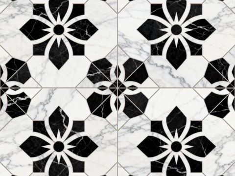  中古风 黑白石材拼花 几何水刀石材拼花地砖 石材马赛克 花砖 