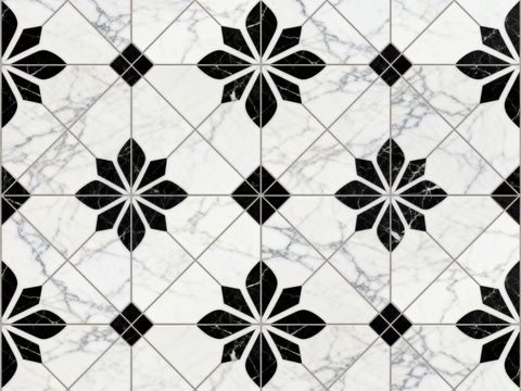  中古风 黑白石材拼花 几何水刀石材拼花地砖 石材马赛克 花砖 