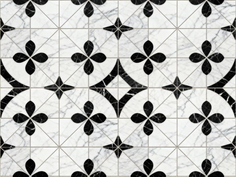  中古风 黑白石材拼花 几何水刀石材拼花地砖 石材马赛克 花砖 