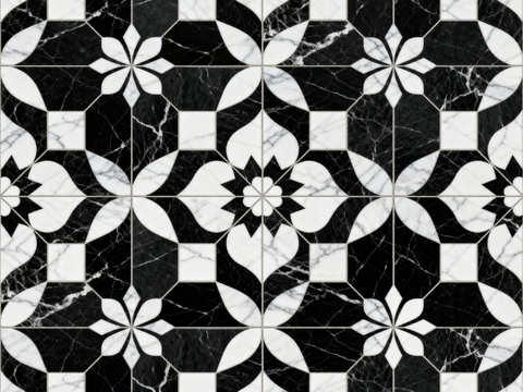  中古风 黑白石材拼花 几何水刀石材拼花地砖 石材马赛克 花砖 