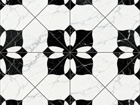  中古风 黑白石材拼花 几何水刀石材拼花地砖 石材马赛克 花砖 