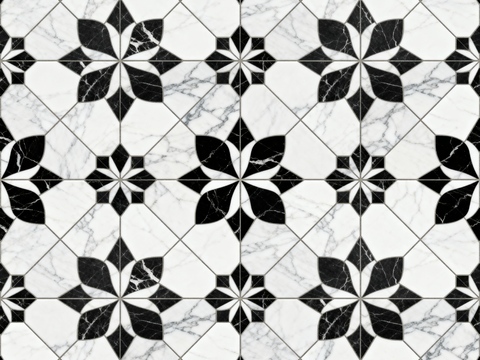  中古风 黑白石材拼花 几何水刀石材拼花地砖 石材马赛克 花砖 