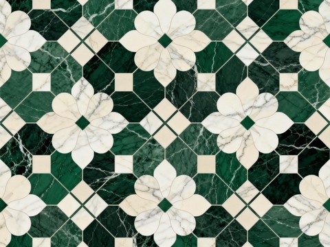 绿白色石材拼花 花卉图案水切刀拼花石材 绿色石材拼花马赛克