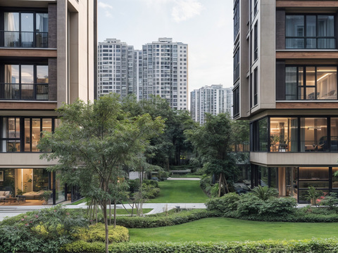 别墅群落小区外景_白天小区外景_别墅外景_窗外景