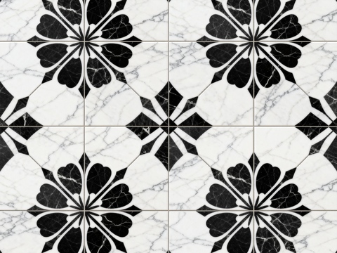  中古风 黑白石材拼花 几何水刀石材拼花地砖 石材马赛克 花砖 