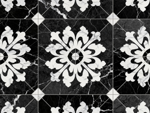  中古风 黑白石材拼花 几何水刀石材拼花地砖 石材马赛克 花砖 