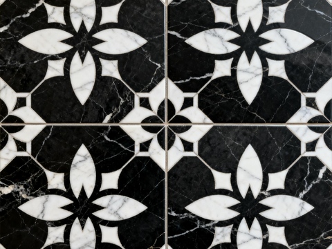  中古风 黑白石材拼花 几何水刀石材拼花地砖 石材马赛克 花砖 