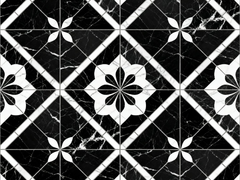  中古风 黑白石材拼花 几何水刀石材拼花地砖 石材马赛克 花砖 