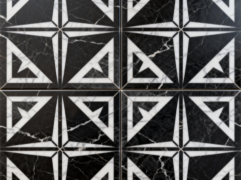  中古风 黑白石材拼花 几何水刀石材拼花地砖 石材马赛克 花砖 