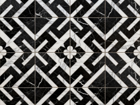  中古风 黑白石材拼花 几何水刀石材拼花地砖 石材马赛克 花砖 
