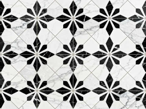  中古风 黑白石材拼花 几何水刀石材拼花地砖 石材马赛克 花砖 