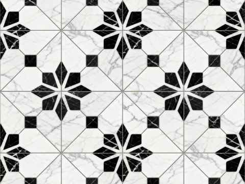  中古风 黑白石材拼花 几何水刀石材拼花地砖 石材马赛克 花砖 