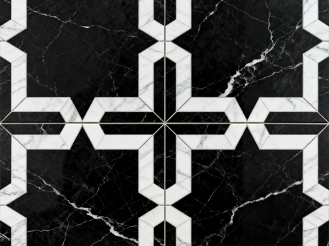  中古风 黑白石材拼花 几何水刀石材拼花地砖 石材马赛克 花砖 