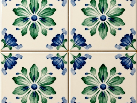 田园风 蓝绿色花砖 绿色手绘艺术花砖 工艺砖 花纹图案花砖