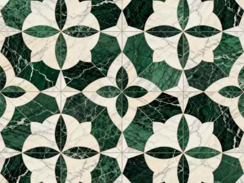 轻奢绿白色石材拼花 花卉水切刀拼花石材 绿色石材拼花马赛克