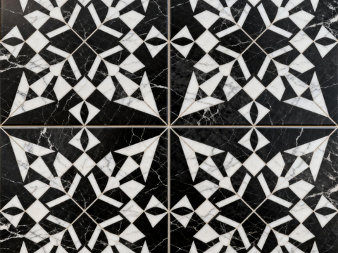  中古风 黑白石材拼花 几何水刀石材拼花地砖 石材马赛克 花砖 