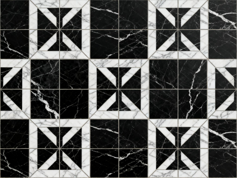  中古风 黑白石材拼花 几何水刀石材拼花地砖 石材马赛克 花砖 