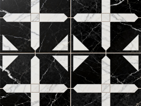  中古风 黑白石材拼花 几何水刀石材拼花地砖 石材马赛克 花砖 