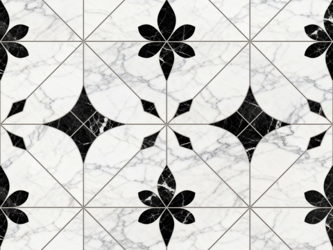  中古风 黑白石材拼花 几何水刀石材拼花地砖 石材马赛克 花砖 