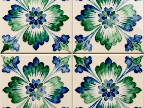 田园风 蓝绿色花砖 绿色手绘艺术花砖 工艺砖 花纹图案花砖