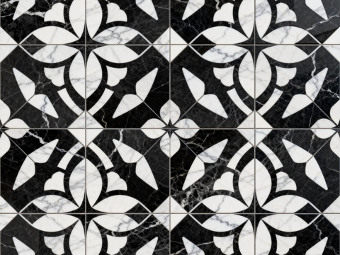  中古风 黑白石材拼花 几何水刀石材拼花地砖 石材马赛克 花砖 