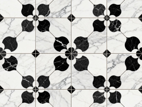  中古风 黑白石材拼花 几何水刀石材拼花地砖 石材马赛克 花砖 
