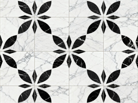  中古风 黑白石材拼花 几何水刀石材拼花地砖 石材马赛克 花砖 