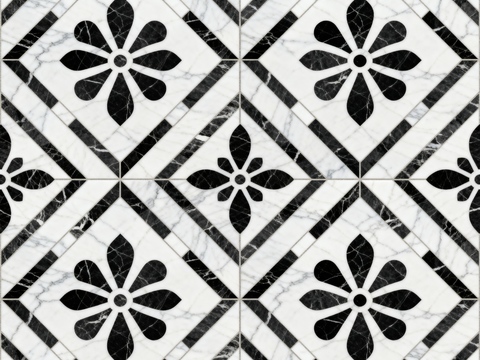  中古风 黑白石材拼花 几何水刀石材拼花地砖 石材马赛克 花砖 