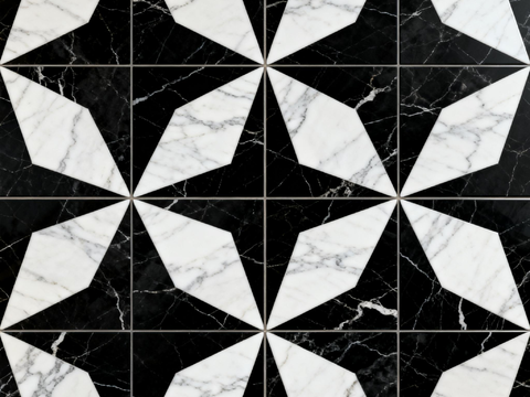  中古风 黑白石材拼花 几何水刀石材拼花地砖 石材马赛克 花砖 