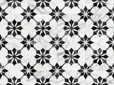  中古风 黑白石材拼花 几何水刀石材拼花地砖 石材马赛克 花砖 