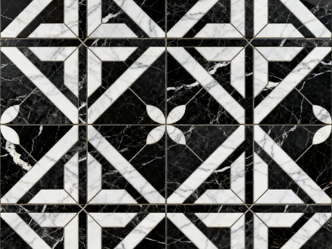  中古风 黑白石材拼花 几何水刀石材拼花地砖 石材马赛克 花砖 