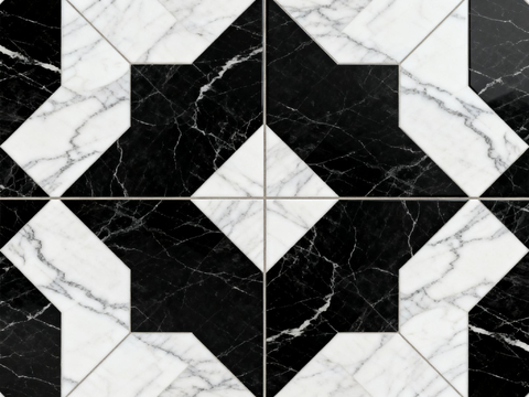  中古风 黑白石材拼花 几何水刀石材拼花地砖 石材马赛克 花砖 