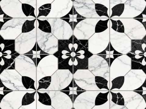  中古风 黑白石材拼花 几何水刀石材拼花地砖 石材马赛克 花砖 
