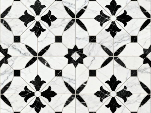  中古风 黑白石材拼花 几何水刀石材拼花地砖 石材马赛克 花砖 