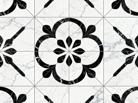  中古风 黑白石材拼花 几何水刀石材拼花地砖 石材马赛克 花砖 