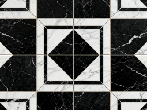  中古风 黑白石材拼花 几何水刀石材拼花地砖 石材马赛克 花砖 