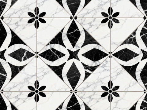  中古风 黑白石材拼花 几何水刀石材拼花地砖 石材马赛克 花砖 