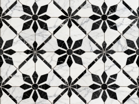  中古风 黑白石材拼花 几何水刀石材拼花地砖 石材马赛克 花砖 
