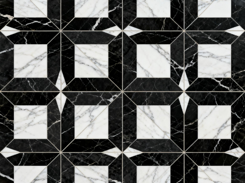  中古风 黑白石材拼花 几何水刀石材拼花地砖 石材马赛克 花砖 