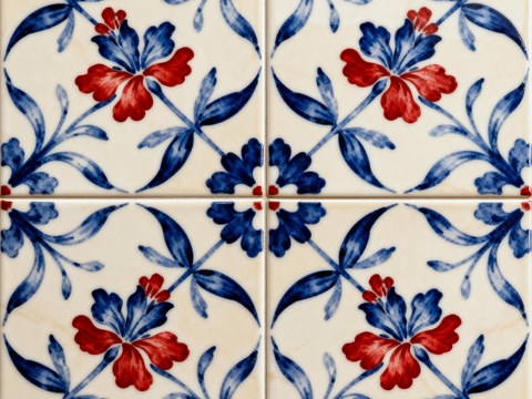诧寂风工业风蓝红白色花砖 花卉图案手工瓷砖