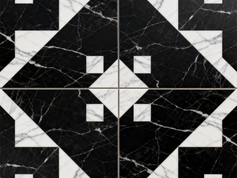  中古风 黑白石材拼花 几何水刀石材拼花地砖 石材马赛克 花砖 