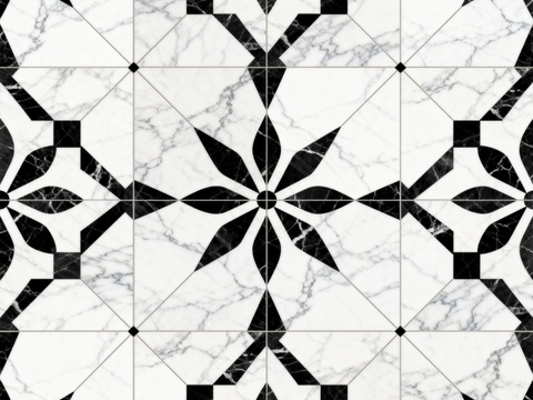  中古风 黑白石材拼花 几何水刀石材拼花地砖 石材马赛克 花砖 