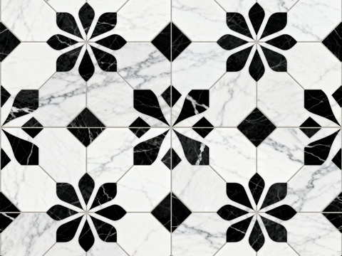  中古风 黑白石材拼花 几何水刀石材拼花地砖 石材马赛克 花砖 