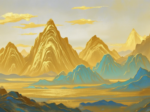  新中式新中式民俗风景装饰画 金色风景画 