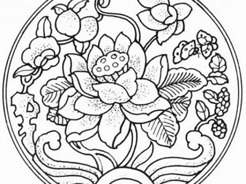  黑白线稿莲花装饰艺术设计 