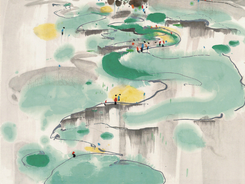  吴冠中绘画作品，写意水墨画，近现代水墨画，写意江南古镇水墨画 