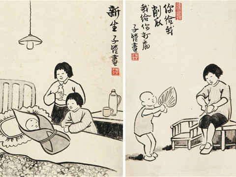  丰子恺水墨绘画作品，写意水墨画，水墨风漫画7 
