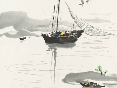  吴冠中绘画作品，写意水墨画，近现代水墨画，写意江南古镇水墨画 