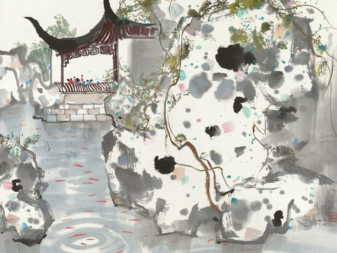 吴冠中绘画作品，写意水墨画，近现代水墨画，写意江南古镇水墨画 